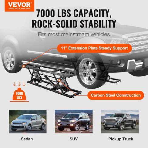 VEVOR Car Lift, 7,000 LBS Capacity Portable Car Lift, with Extended-Length Plates, 26.8" Max. Height, Heavy-Duty Carbon Steel Truck Lift with 120V Power Unit, Auto Car Jack Lifts for Home Garage Shop in Kuwait