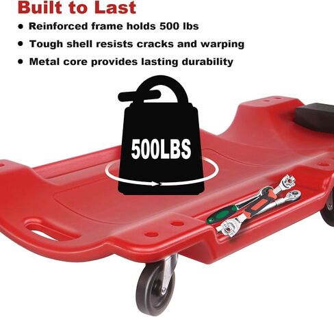 Mechanic Creeper - 40 Inch Rolling Garage Creeper with Padded Headrest and Dual Tool Trays - Low Profile Design for Under Car Repairs - Heavy-Duty Frame 500lb Capacity Red in Saudi Arabia