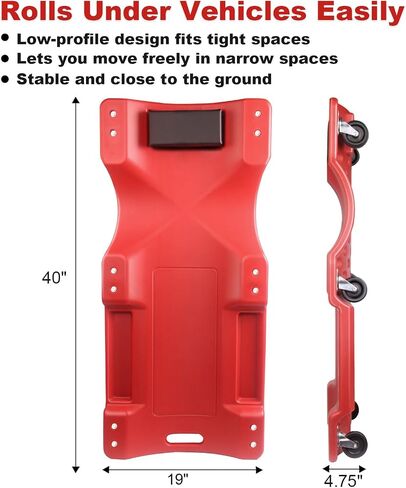 Mechanic Creeper - 40 Inch Rolling Garage Creeper with Padded Headrest and Dual Tool Trays - Low Profile Design for Under Car Repairs - Heavy-Duty Frame 500lb Capacity Red in Saudi Arabia