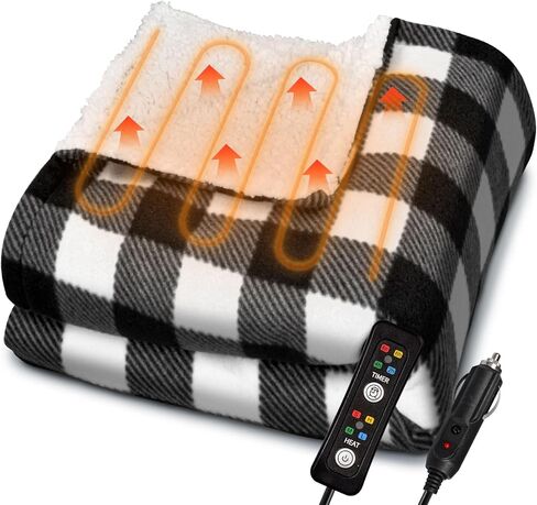 بطانية مدفوعة بالسيارة 12V 59 "x39" بطانية ساخنة محمولة للسفر مع 4 تسخين 4 إعدادات توقيت ناعمة ومريحة لتخييم سيارات السيارات (أسود وأحمر) in Kuwait