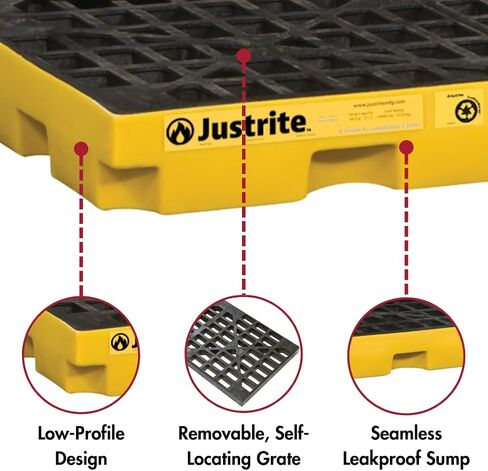 حوض Justrite 28653 EcoPolyBlend سعة 12 جالون، 25 بوصة × 25 بوصة × 5.5 بوصة (طول × عرض × ارتفاع) أسود 1 مراكز تجميع وحدات الأسطوانة in Saudi Arabia