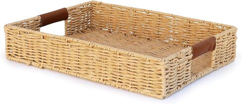 Handwoven, Multipurpose Rectangle Rattan Tray, 20" x 12" – Durable Wicker Tray with Leather Handles for Home Decor Display or Fruit and Vegetable Storage Tray in Saudi Arabia