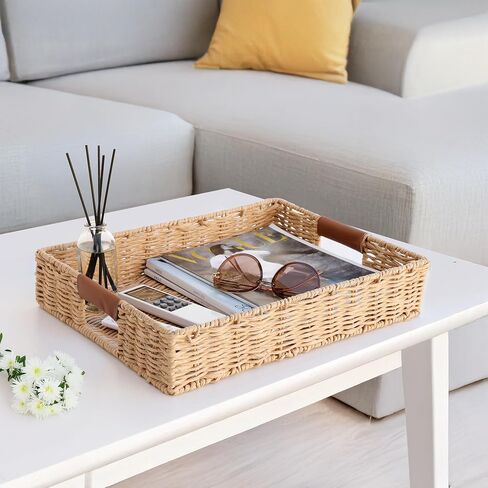 Handwoven, Multipurpose Rectangle Rattan Tray, 20" x 12" – Durable Wicker Tray with Leather Handles for Home Decor Display or Fruit and Vegetable Storage Tray in Saudi Arabia