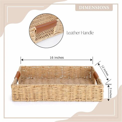 Handwoven, Multipurpose Rectangle Rattan Tray, 20" x 12" – Durable Wicker Tray with Leather Handles for Home Decor Display or Fruit and Vegetable Storage Tray in Saudi Arabia