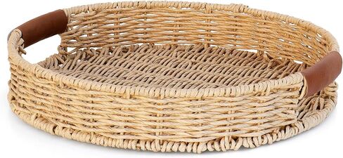 Handwoven, Multipurpose Rectangle Rattan Tray, 20" x 12" – Durable Wicker Tray with Leather Handles for Home Decor Display or Fruit and Vegetable Storage Tray in Kuwait