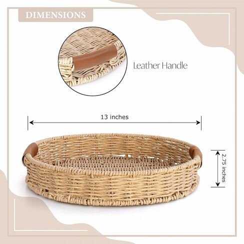 Handwoven, Multipurpose Rectangle Rattan Tray, 20" x 12" – Durable Wicker Tray with Leather Handles for Home Decor Display or Fruit and Vegetable Storage Tray in Kuwait