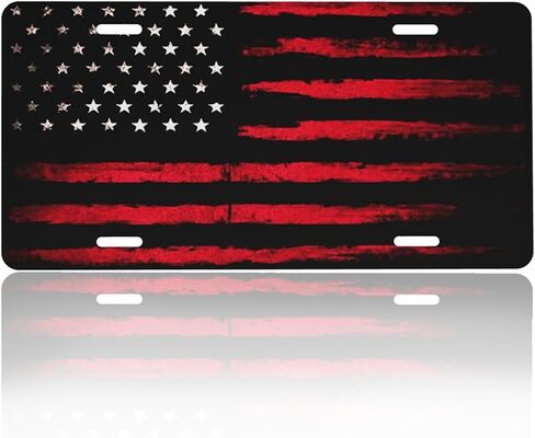 Front License Plate Cover Car Decor Accessory Aluminum Metal Rust-Proof US Car Plate Novelty Vanity Tag Cover with 4 Holes for Men Women 6 * 12 in - Black Red American Flag in Kuwait