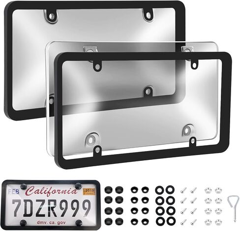 Transparent License Plate Cover and Frames, 2Pack Grey Clear Front and Rear License Plate Holder with Screws & Caps, Unbreakable Car Licence Plate Frame, Universal Fit for Most US Plates in Saudi Arabia
