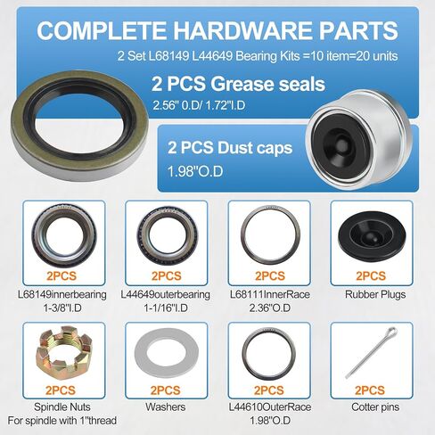 2 Sets L68149 L44649 Trailer Axle Bearings Kit with 171255TB Grease Seals,1.98'' Trailer Dust Caps, Cotter Pins, Axle Nuts & Washers, Fits for 1-3/8'' to 1-1/16'' 3500 Lbs Trailer Axle #84 Spindle in Kuwait