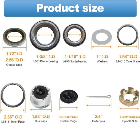 2 Sets L68149 L44649 Trailer Axle Bearings Kit with 171255TB Grease Seals,1.98'' Trailer Dust Caps, Cotter Pins, Axle Nuts & Washers, Fits for 1-3/8'' to 1-1/16'' 3500 Lbs Trailer Axle #84 Spindle in Kuwait