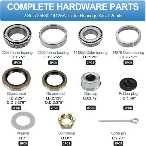 2 Sets L68149 L44649 Trailer Axle Bearings Kit with 171255TB Grease Seals,1.98'' Trailer Dust Caps, Cotter Pins, Axle Nuts & Washers, Fits for 1-3/8'' to 1-1/16'' 3500 Lbs Trailer Axle #84 Spindle in Kuwait
