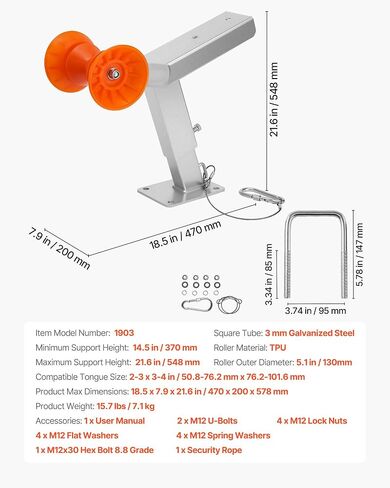 VEVOR Boat Trailer Winch Stand with Roller, Adjustable Height 14.3-21.6 Inches, Boat Winch Mount with U-Bolts for 2-3 Inches W x 3-4 Inches H Trailer Tongue, Fit for Jet Ski, Sailboat, Speedboat in Saudi Arabia