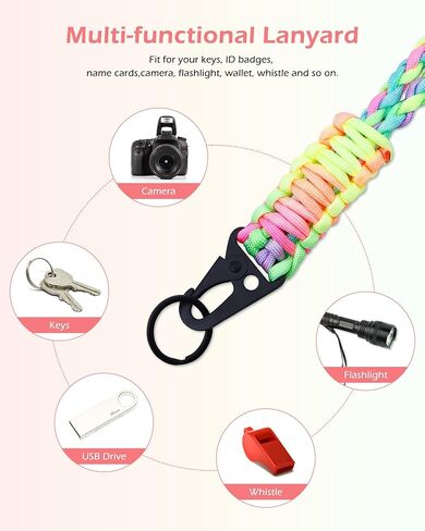 Heavy Duty Neck Lanyard Keychain for Men Women Outdoor Survival, Black Parachute Rope Necklace Keychains with HK Clip Key Ring for ID Card Badge Holder, Camera, Wallet and Keys in Saudi Arabia