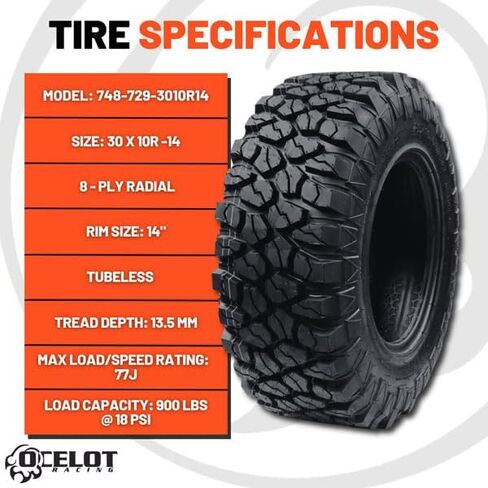 OCELOT XC729 30x10x14 إطارات UTV جميع التضاريس ، البناء الشعاعي الدائم المكون من 8 طواف ، ومراس غير الاتجاه ، وسمك سميك عدواني للتضاريس المتنوعة والظروف-عند إطارات 30x10x14 ATV in Saudi Arabia