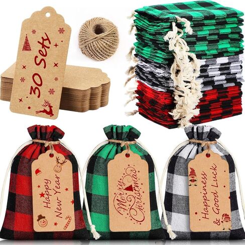حقائب Outus Christmas برباط مقاس 4 × 5.5 بوصة حقيبة هدايا منقوشة بافلو منقوشة وأكياس خيش برباط مع علامات وحبل خيوط لحفلات عيد الميلاد (173 قطعة) in Saudi Arabia