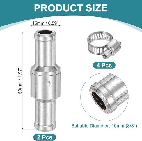uxcell 2Pcs 8mm (5/16") Fuel Check Valve, Non-Return One Way Hose Check Valve, Aluminum Alloy Control Accessories with Clamps for Petrol, Diesel, Gas, Oil, Air, Water, Silver in Saudi Arabia