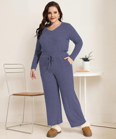 RITERA Womens Plus Size 2 Piece Outfits Lounge Sets Knit Sweatsuit Long Sleeve Pullover Tops Wide Leg Pant Pajama Sets XL-5XL in Saudi Arabia