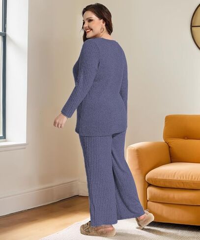RITERA Womens Plus Size 2 Piece Outfits Lounge Sets Knit Sweatsuit Long Sleeve Pullover Tops Wide Leg Pant Pajama Sets XL-5XL in Saudi Arabia