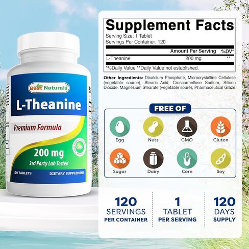 Best Naturals L-Theanine 200 ملغ لكل قرص (400 ملغ لكل قرصين) - يعزز الاسترخاء دون النعاس - 120 قرص نباتي - (120 قرصًا (عبوة من 1)) in Saudi Arabia