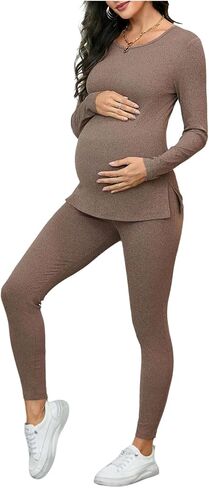 SOLY HUX Women's Maternity Two Piece Outfits Long Sleeve Side Slit Top and Legging Pants Fall Outfits in Saudi Arabia