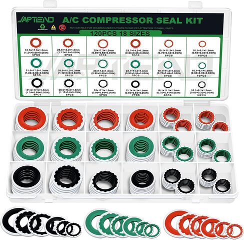 120pcs A/C ضاغط ختم مجموعة مجموعة مجموعة متنوعة ، 18 أحجام 3 ألوان مكيفات الهواء مكافأة السيارات منفذ حشية الحشية السوائم (Red & Green & Black) in Kuwait