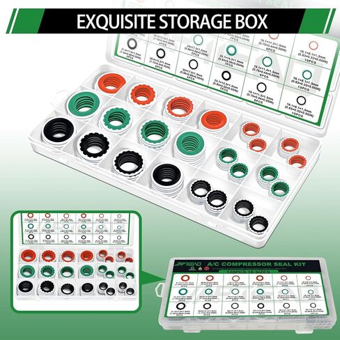 120pcs A/C ضاغط ختم مجموعة مجموعة مجموعة متنوعة ، 18 أحجام 3 ألوان مكيفات الهواء مكافأة السيارات منفذ حشية الحشية السوائم (Red & Green & Black) in Kuwait