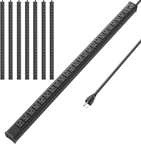 شريط طاقة معدني 24 منفذًا، شريط طاقة طويل جدًا للخدمة الشاقة مع سلك تمديد بطول 10 أقدام، شريط طاقة قابل للتركيب لمنصة عمل مرآب المستودعات، مدرج في قائمة ETL، أسود in Kuwait