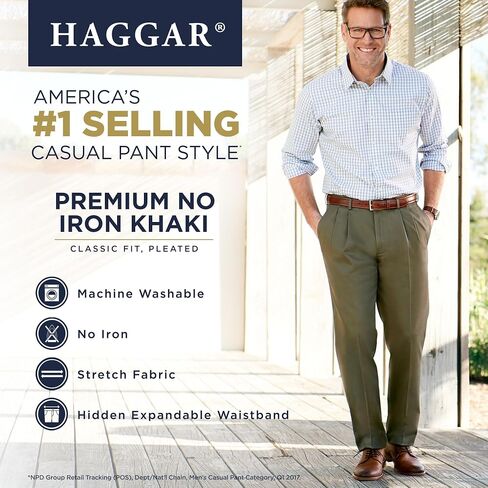 حذاء Haggar الرجالي الفاخر غير القابل للكي باللون الكاكي الكلاسيكي ذو الطيات الأمامية والمقاسات الكبيرة والطويلة in Saudi Arabia