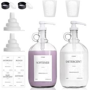 2-Pack Half Gallon Glass Laundry Dispensers with Pump - 64oz Bottles for Detergent, Soap, Syrup, Juice - Includes Labels, Funnel, Measuring Cup