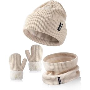 Baby Beanie Mittens Scarf Set Girls Boys, Toddler Winter Hat and Gloves Neck Warmer Set Knit Warm with Fleece Lining
