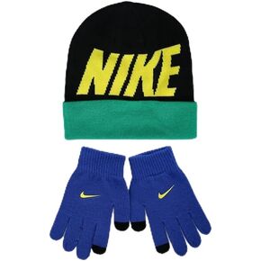 Nike Big Kids Wordmark Colorblock Beanie & Gloves 2-piece Set - Black/Green/Yellow - One Size Fits All (8-20)