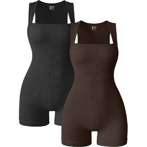 OQQ Women 2 Piece Rompers Yoga Stretch Strappy Square Neck Sleeveless Exercise Rompers