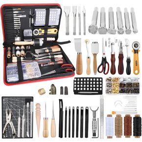 TLKKUE Leather Working Kit, Leather Working Tools for Beginners, Leather Crafting Tools and Supplies with Storage Bag Sewing Carving Punching Cutting Stamping Tools, Leather Tooling Kit for DIY Craft