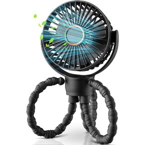 Stroller Fan, Rechargeable with TYPE-C Port, 2000mAh, 360° Rotatable, 3-Speed, Flexible Tripod, Clip Anywhere for Baby's Comfort - Durable and Easy to Clean, Black