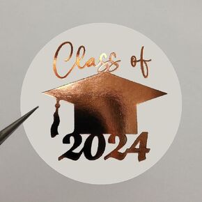 100 x Class of 2024 Gold Foil Graduation Round Envelope Seals Metallic Foil Transparent Stickers Real Foil High School College Graduation 2024 Labels Envelope Seals Clear Metallic Stickers