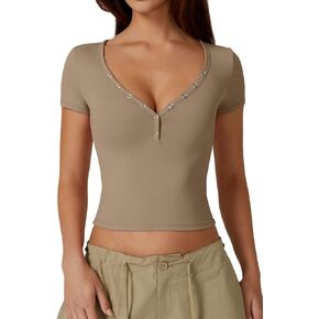 QINSEN Women's Sexy Short Sleeve Henley T Shirts Double Lined Button Up Slim Fit Crop Top Y2K Going Out Tops