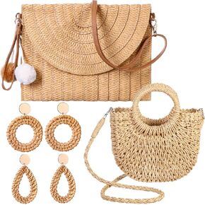 2 Pack Straw Clutch Purse for Women with 2 Pairs Rattan Earrings Straw Crossbody Bag Summer Beach Straw Purse Rattan Bags for Women Girls