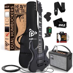 فأس جيتار كهربائي من Pyle Heavy Metal EG Fire مع مجموعة مكبر للصوت، أداة كاملة الحجم مع مضخم تدريب وملحقات، أبيض غير لامع