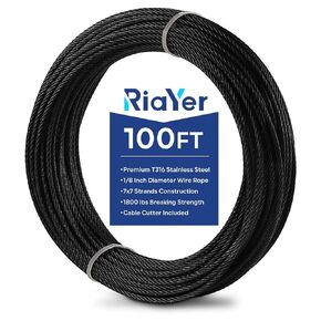 200FT 1/8" Black Wire Rope with Cutter,T316 Premium Stainless Steel Deck Cable Railing Kit, 7x7 Construction for Stair & Outdoor Hanging, Garden Fence - Complete Cable Railing Hardware System