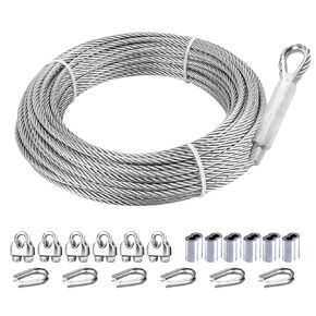 3/16 Stainless Steel Cable, 25ft 3/16 Wire Rope with Wire Rope Clip, Thimble, 7X 19 Strands, 3700lbs Breaking Strength, Steel Aircraft Cable with Loops for Zipline, Deck Railing