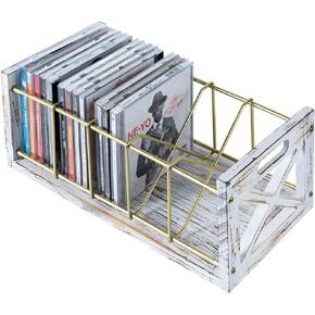 DVD Storage,5-Slot Farmhouse Industrial DVD & CD Storage，CD Holder Rack with Handles, Barn Door “X-Cross" Design,Washed White Solid Wood & Gold Metal