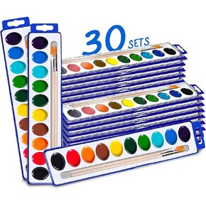 30 Water Color Paint Sets for Kids Bulk Watercolor Paint Set Washable Acuarelas Watercolor Palette Mini Paint Sets for Kids Party Favor Water Paint Kit 2 Brushes