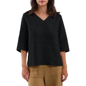 Amazhiyu Women's 100% Linen 3/4 Sleeve Blouse V Neck Summer Casual Loose Tops