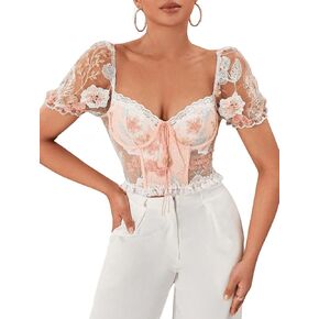 WDIRARA Women's Floral Embroidery Lace Mesh Puff Short Sleeve Sweetheart Neck Crop Bustier Tops