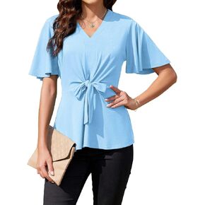 Womens Cute Peplum Tops Summer Dressy Casual Blouse Short Sleeve Shirts V Neck Flowy Tunic in Kuwait