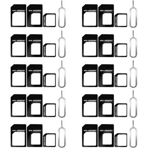 10 Pack SIM Card Adapter Kit, 4 in 1 Nano Micro Standard Converter Kit with Steel SIM Tray Eject Pin 1, Black