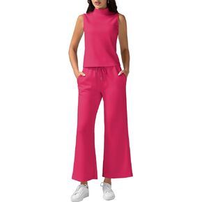 Funlingo Women's 2 Piece Outfits Summer Sleeveless Mock Neck Tops Wide Leg Crop Pants Lounge Set 2024 Trendy Clothing