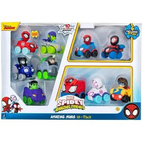 VORAGA Marvel's Spidey and his Amazing Friends SNF0046 10-Pack-2" Mini Vehicle Assortment Including, Ghost Spider, Miles, Hulk, and More-Toys Featuring Your Friendly Neighbourhood Spideys, Multi