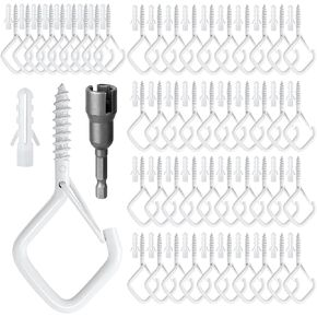 50 Pcs Outdoor Hooks for String Lights,Screw Hooks for Hanging Plants,Ceiling Hooks with Safety Buckle,Square Hanger for Wind Chimes,Bird Feeder,Lanterns,Christmas Decorations (Black)