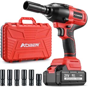 AOBEN Cordless Impact Wrench 1/2 Inch, Power Impact Gun Kit, Max 600N. M/450Ft-lbs High Torque Impact Driver for Car RV Tire, 4.0Ah Battery, Charger, 6 Sockets & Storage Tool Case